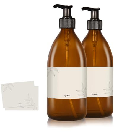 Oputec 2 x 500ml Seifenspender aus Glas + Etiketten: Shampoo Flaschen zum Befüllen als Duschgel Spender, Pumpspender - Pumpflasche aus Braunglas - Behälter zum Befüllen für Küche Badezimmer