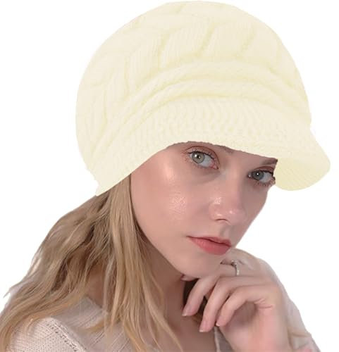NLAND Cappello Donna Invernale Elegante Berretto in Maglia con Fodera in Pile Morbido Caldo Basco con Visiera(Beige)