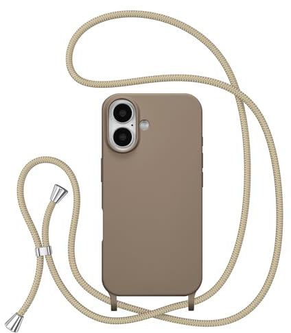 ZTOFERA Crossbody Lanyard Case for iPhone 16 Plus (6.7), Liquid Silicone Protective Phone Case with Strap Adjustable Neck Cord Necklace Soft Cover iPhone 16 Plus, Brown