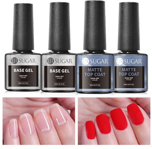 UR SUGAR Base Coat Top Coat Gel UV Matt Set, 4 Stück Top Coat Nagellack Primer für Gelnägel, No Wipe Unterlack und Matt Überlack Nägel Gellack für Starter DIY Nageldesign zu Hause 7ml