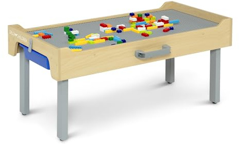 Delta Children Play N Store Building Bricks Play Table with 100+ Play Bricks Included - Large Brick Plate Compatible with Lego, MegaBlocks & More - Legs Fold for Easy Under Bed Storage, Grey
