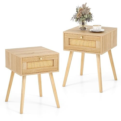 COSTWAY Table de Chevet en Rotin, Table de Nuit Bois avec Tiroir et 4 Pieds en Pin, Chevet de Lit pour Chambre, Salon, Style Naturel, 40 x 40 x 55 cm (2)
