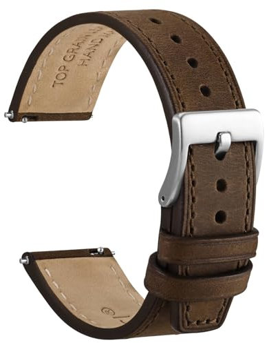 WOCCI 20mm Elite Uhrenarmband, Top Grain Leder, Schnellverschluss, Silberne Schnalle (Dunkelbraun)