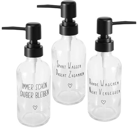 Glas Seifenspender nachfüllbar 250 ml mit Spruch - 3er Set - Design Pumpspender für Flüssigseife - Flüssigseifenspender Pumpseifenspender Dispenser für Seife wiederverwendbar