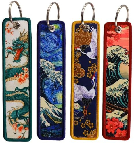 Lipfer 4pcs Porte-clés De Dessin Animé Japonais Porte-clés De Broderie Vague/Dragon/Grue Porte-clés De pour Sacs À Dos, Portefeuilles, Clés De Voiture De