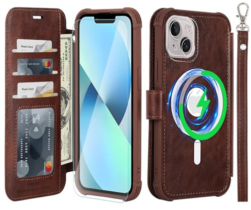VANAVAGY Wallet Case for iPhone 14/13 for Magsafe,Brown | PU Leather Flip,Slim,12ft Drop Protection,RFID Blocking Card Holder,Magsafe Wireless Charging,Includes Screen Protector