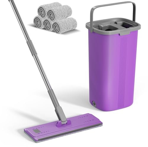 Eukue Mopa Fregona, Juego de Fregona y Cubo, Mopas de Limpieza Suelos con 5 Almohadillas, Mopa Fregona con Cubo Escurridor para Lavado de Suelos Secos y Húmedos, Púrpura