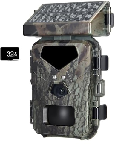 Wildkamera Solar, Wildtierkamera mit Bewegungsmelder Nachtsicht,IP65 Wasserdicht Tierkamera 0,2s Auslösezeit,65ft,Zeitraffer, für die Überwachung von Wildtieren (Black)