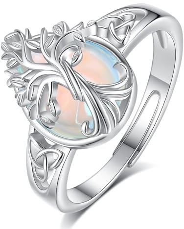 EUDORA Harmony Ball Anello con Albero della Vita in Pietra di Luna Argento Sterling 925 per Donne e Uomini, Banda Aperta Regolabile con Cristallo a Goccia, Gioiello Amuleto Regalo per la Mamma