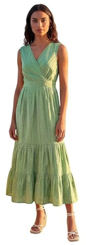 Roman Originals Embroidered V-Neck Midi Dress for Women UK - Ladies Everyday Holiday Spring Summer V-Neckline Comfy Soft Evening Vacation Work Party - Green - Size 18
