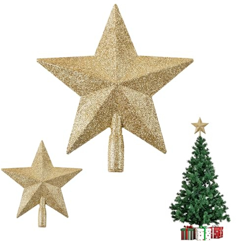 2 Piezas Dorado Topper de Árbol de Navidad, Estrella de Purpurina para Decoración de Árbol de Navidad,Glitter Tree Topper, para Decoración de Fiesta del Hogar(10cm & 20cm)