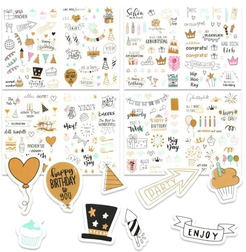 Sticker Geburtstag Set, 4 Blätter Aufkleber Geburtstag Mit 225 Motiv,Scrapbook Stickers,Selbstklebende Aufkleber Zum Verzieren Von Gästebüchern, Grußkarten, Geschenken, Fotoalben