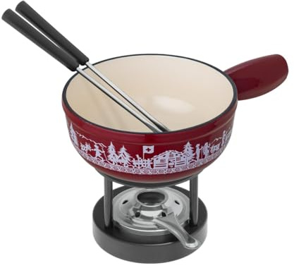 Kuhn Rikon Cheese Fondue Set Alpine Meadow Mini Red Cast Iron 17cm, Fondue Set for 2, 1.3L Fondue Pot with Rechaud and 2 Forks