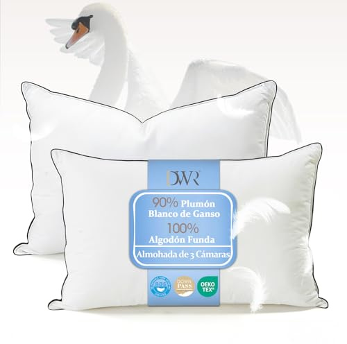 DWR Daunenkissen 40x80 cm (2 Stück) | 3-Kammer Kopfkissen | 90% weiße Gänsedaune Außen | Feder-Mischung Innen | 100% Bio-Baumwollbezug | Mittlere Unterstützung Schlafkissen | RDS und Oeko-TEX