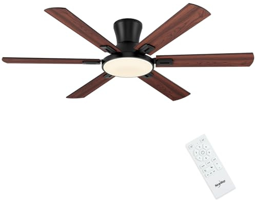 Newday 132cm Groß Deckenventilatoren Flach Holz mit 6 Flügel, Beleuchtung | mit Fernbedienung Leise, Dimmbar, Speicher, Schlafmodus, Timer Motor DC Reversibel für Schlafzimmer Wohnzimmer