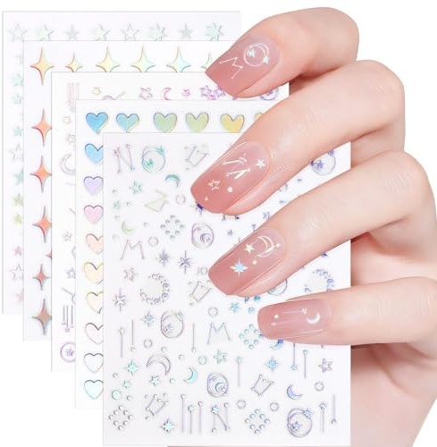 JSRQT 12 Sheets Nail Stickers Aurora Holographic, Nail Art Stickers Decals for Women Girls, DIY Self Adhesive Aurora Star Moon Heart Decoration, Small Manicure Design Accessories Supplies