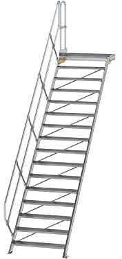 Aluminium-Treppe mit Plattform 45°, Stufenbreite/Stufentiefe 1000 / 240 mm Stufenanzahl 16, Senkrechte Höhe 3,33 m