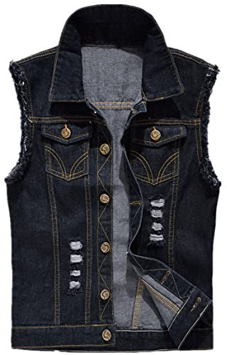 Kelmon Men's Sleeveless Lapel Denim Vest Jacket (Small, Black)