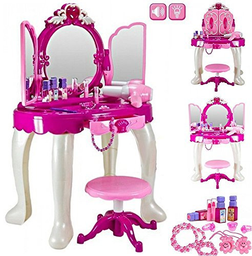 Delex® Girls Glamour Mirror Makeup Dressing Table Stool Playset Toy Vanity Light & Music Great Christmas XMAS Gift New