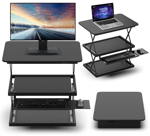 CHANGEdesk Hoher ergonomischer Stehpult-Konverter für Laptops, einzelne Monitore, verstellbare Höhe, Desktop-Sitzerhöhung mit Tastaturablage, erschwinglich, kompakt, klein, Computer-Arbeitsplatz, Schwarz