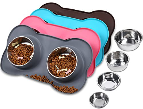 VIVAGLORY Dog Bowl Splashfree Pet Bowl, Dog Dish with Silicone Mat Placemat for Messy Eater, Double Stainless Steel Food Water Feeding Set Dishwasher Safe Spill Proof for Pet, L, Gray
