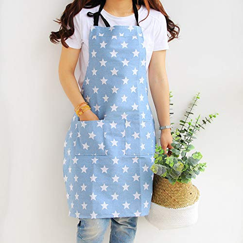 Delantal mujer Cocina Ajustable con 2 Bolsillos delantal de Cocinero Estrellas Algodón Barbacoa Hornear Jardinería Restaurante Hotel Hogar Mujer Hombre Adulto (Azul)