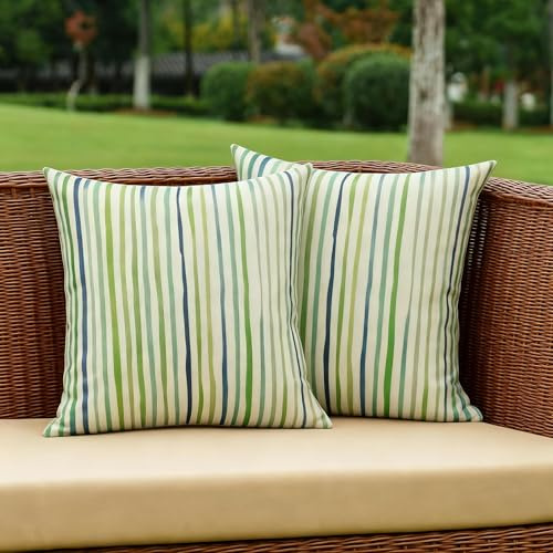 All Smiles Kissenbezüge, für Außenbereich, grün, für Terrasse, Bank, Garten, Veranda, Sonnenbrella-Möbel, Salbei-Linien, Streifen, dekorativ, 40,6 x 40,6 cm, 2er-Set für Sofa, Couch