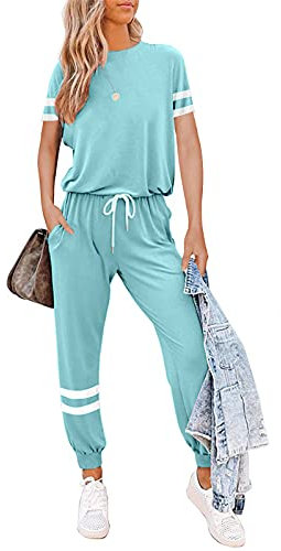 Litthing Damen Trainingsanzug Jogginganzug 2 Stücke Set Kurzarm Top/Hose Freizeitkleidung Sportswear für Running Yoga Gym (Blau, S)