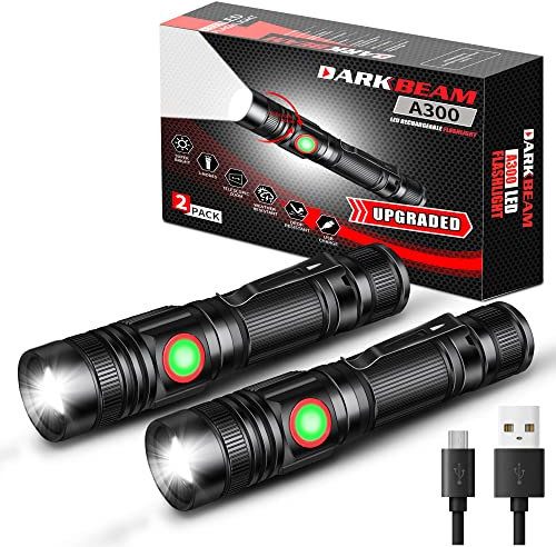 DARKBEAM Lampe Torche LED Rechargeable USB 2000 Haute Lumens, Petites et Lumineuses Lampes de poche, Focus Réglable Résistant à l’eau Lumière Blanche Portable Pour Camping, Extérieur, Urgence, 2 Pack