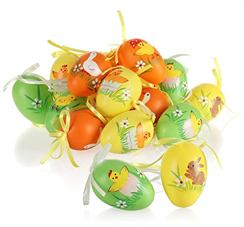 com-four® 18x Ostereier zum Aufhängen 6 cm - Bunte Ostereier mit Blumen und Tieren - Hängedeko für den Osterstrauß (Küken/Hase - 01)