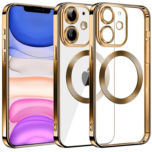 S. Dawezo Klare Magnetische Hülle für iPhone 11, kompatibel mit MagSafe Kabelloses Laden, Militärnorm Schutz, Kratzfest, Stoßfest, Schlanke Transparente Silikonhülle für iPhone 11 Hülle, Gold