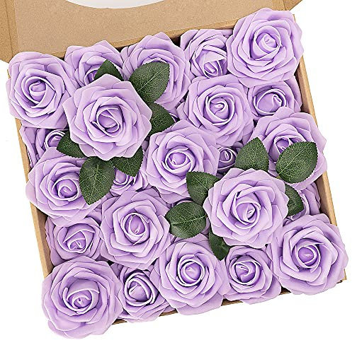 N&T NIETING Künstliche Blumen, 25 STÜCKE Echte Rosenblüte mit Stiel für DIY-Hochzeitssträuße, Brautparty-Mittelstücke, Blumenarrangements, Partytische, Heimdekorationen, Helles Lila