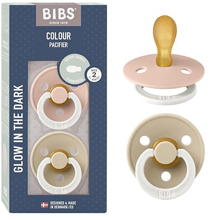 BIBS Colour Symmetrical Glow Schnuller 2er-Pack, BPA-frei. Leuchtet im Dunkeln, Symmetrischer Nippel. Naturkautschuk/Latex, Hergestellt in Dänemark. Größe 2 (6-18 Monate), Blush Glow/Vanilla Glow