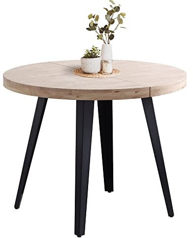 Miroytengo Mesa Salón Comedor Redonda Extensible Bali Color Roble Nordish y Negro 76x100-180x100 cm