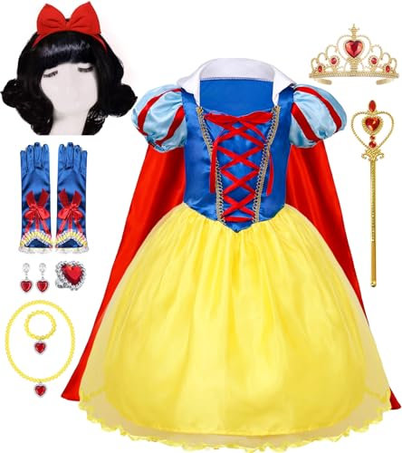 vamei Deguisement Blanche Neige Fille Robe Blanche Neige Enfant Princesse Robe Costume avec Cape Perruque Couronne Gants pour Anniversaire Fête Cosplay Halloween Noël Partie Carnaval (100)