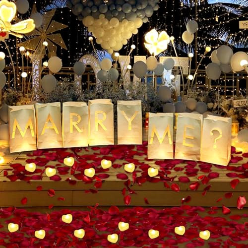 Timisea Marry Me Sign Luminary Letters Paper Bags Wedding Proposal Decorations with Red Rose Petals Heart Flameless Candles Tealight for Night Valentine's Day Engagement Party, 4055PCS