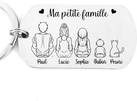 Porte-clés Personnalisable 'Ma Petite Famille' en Acier Inoxydable Miroir, personnages assis de dos