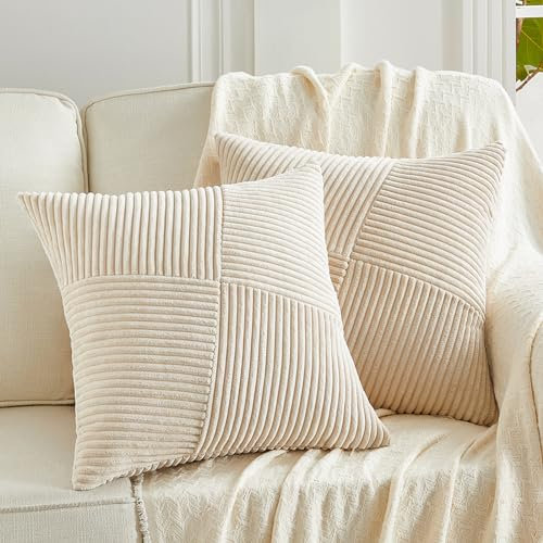 FDTERN 2er Set Khaki Boho Dekorativ Kissenbezug 40x40 mit Diagonales Gestreiftes Muster Weich Kordsamt Kissenhülle Zierkissenbezüge Sofakissen Dekokissen Deko für Sofa Schlafzimmer Wohnzimmer