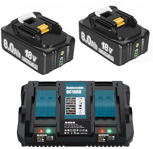 2X 18V 8,0Ah/8000mAh Ersatzakku BL1860B + Dual Port 6A DC18RD Ladegerät Kompatibel mit BL1860 BL1860B BL1850B BL1850 BL1840B BL1830B LXT-400
