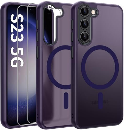 Opkiegrn Cover Magnetica per Samsung Galaxy S23 5G con 2 Vetro Temperato, [Protezione Fotocamera] Custodia Traslucida Opaca Posteriore, Sottile Antiurto Anti-Impronte Case Samsung S23 (viola)