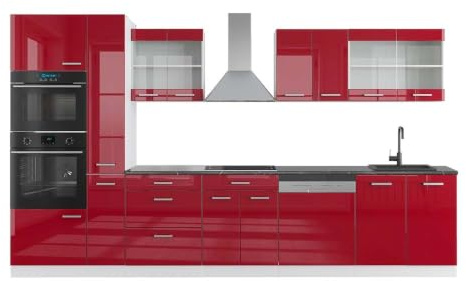 Vicco Küchenzeile R-Line, Rot Hochglanz/Weiß, 350 cm | 9 Module · Höhenverstellbare Füße · AP Anthrazit inkl. · Robuste Fronten · Mit Backofen-/Mikrowellenschrank