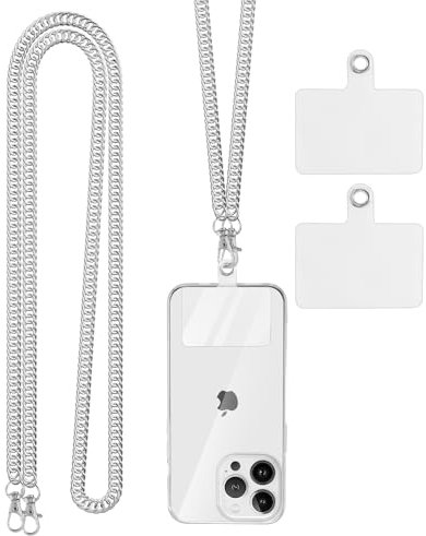 Coiwxmoi Tour de Cou Telephone Portable Universelle avec 2 Patchs, Lot de Universal Cordon Telephone Portable Collier de Longe pour Cou et Poignet, Compatibles avec Plupart des Smartphones, Argent