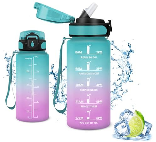 Vikaster Gourdes, Gourde avec Paille 0.5 l, sans BPA, Étanche & Réutilisable, Water Bottle Ouvrir en Un Clic, Convient pour la Gym, Le Yoga, Le Camping, Randonnée