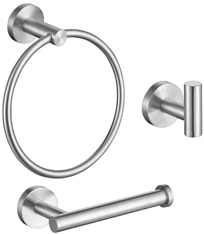 TURS Bathroom Hardware Accessories Set,Towel Hook Toilet Roll Holder Towel Ring, Wall Mounted Toilet Paper Holder, 3 Pieces Classic Stainless Steel Bath Accessory Hooks, Brush Silver