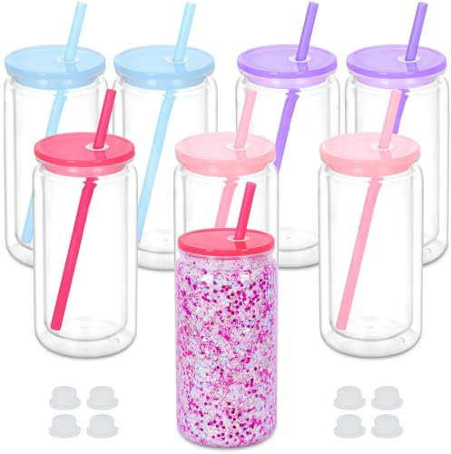 Maucircol 16 Oz Plastic Snowglobe Tumbler, 8 Pack Pre-Drilled Double Wall Plastic Clear Cup for Glitter Snow Globe Diy, Double Wall Snowglobe Cup with Colorful Lid