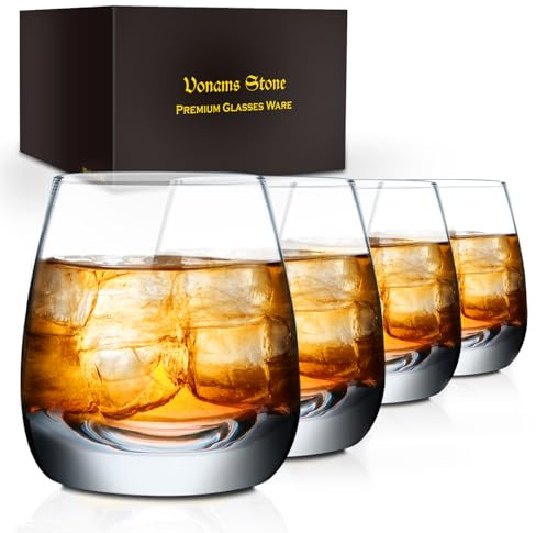 Vonams Stone Old Fashioned Whiskey Glasses - Set of 4-8 oz Premium Crystal Clear Tumblers for Scotch Bourbon and Cocktails