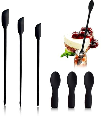 3 Piezas Pequeñas Espátulas de Maquillaje, 3 en 1 Punta Multifuncional Mini Espátulas Silicona Cucharas Largas para Maquillaje Cosméticos Cocina Tarros Finos Latas Estrechas (Negro, 3 Tamaños)