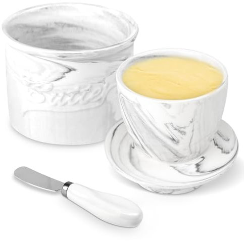 Miyacare Beurrier porcelaine,Beurrier Français en Céramique,Beurrier à Eau,Beurrier Français en Céramique avec Couvercle et Couteau à Beurre,pour Beurre Frais et Tartinable (Marbre, 10CM)