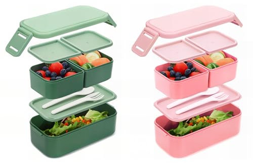 Bugucat Brotdose Kinder mit Fächern 1300ML 2 Set, 2 in 1 Brotdose Lunchbox Kinder mit 3 Fächern, Auslaufsicher Bento Box Lunchbox Erwachsene, Vesperdose Frühstücksbox für Mädchen & Jungen Rosa