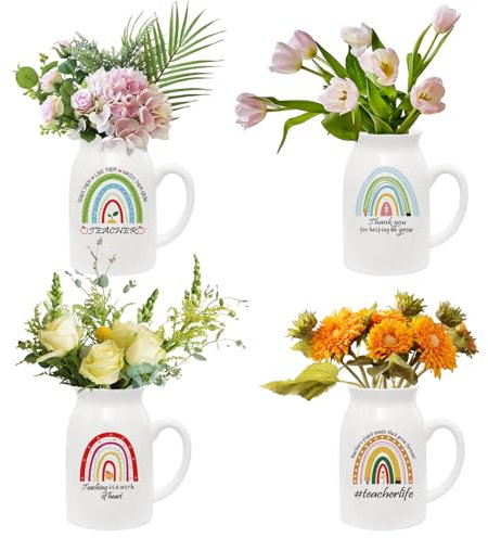 emzrivo 4 Pcs Teacher Appreciation Gift Funny Ceramic Vase with Small Handle Mini Rainbow Flower Vases Thank You Gifts for Employee Teacher Plant Pot, Plants Not Included